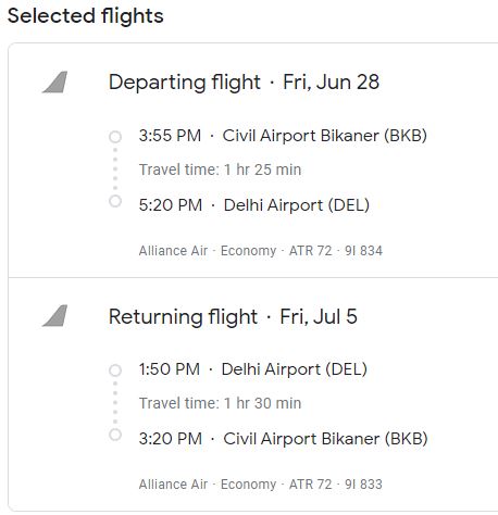 flights details from bikaner to delhi